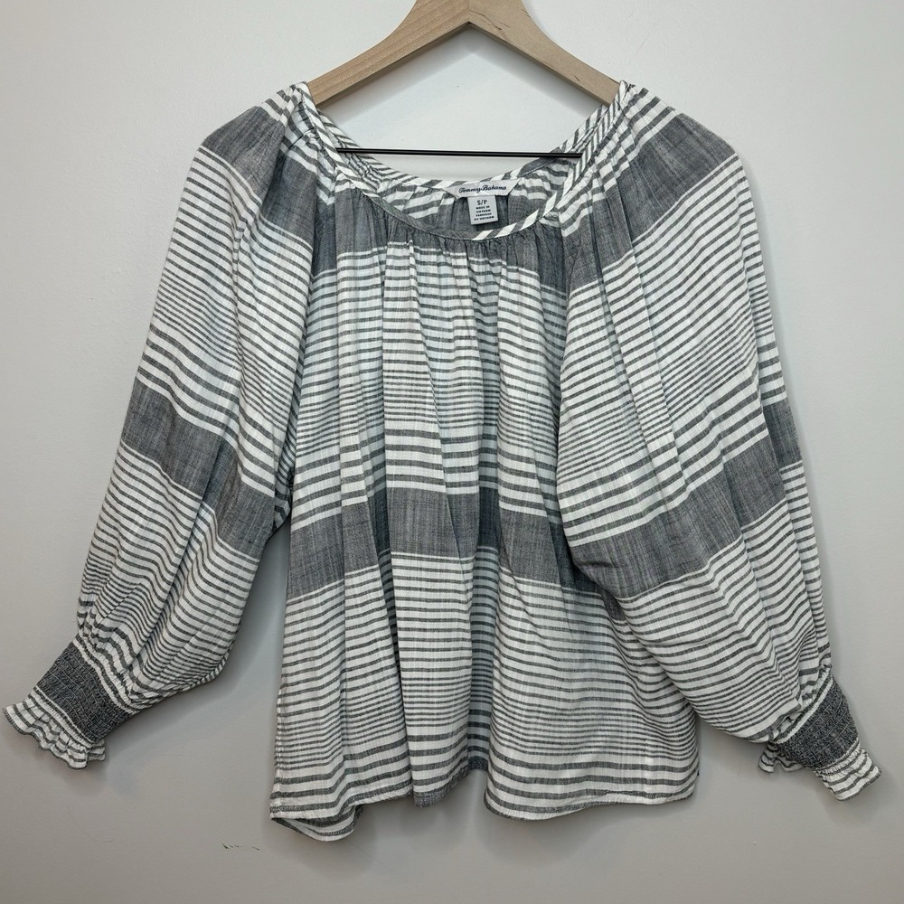 Tommy Bahama Small Blouse Gray White Striped Lucia Isle Shirt Top Coastal Flowy - Picture 2 of 9